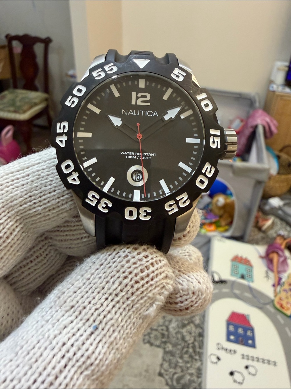 Nautica BFD 100 Date Mens Dive Watch Black Dial Resin Sport Strap A15019G 46mm